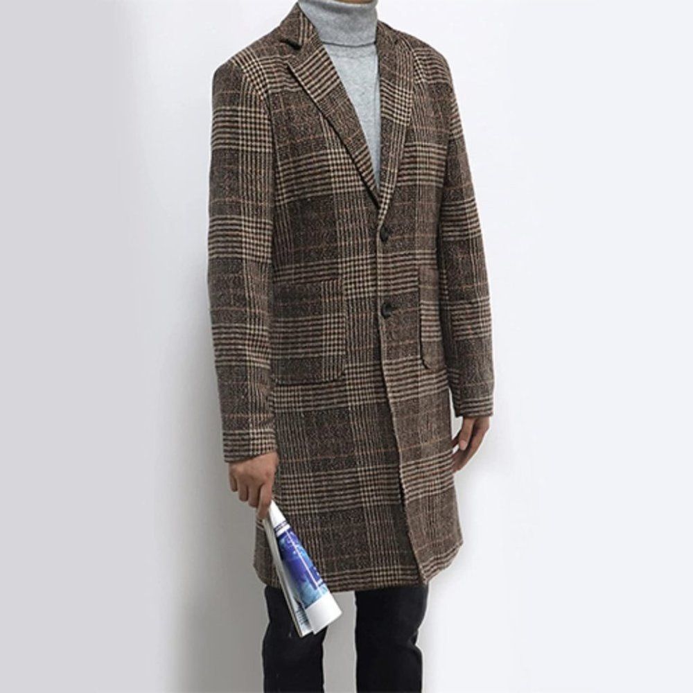 CLAU'S Plaid Long Trench Coat for Men Khaki - Picture 2 of 6
